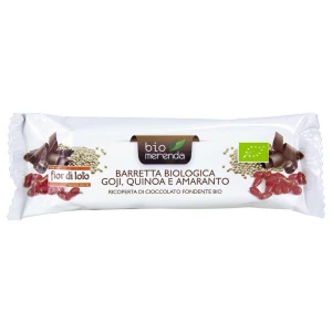 Barretta goji, quinoa e amaranto ricoperta di cioccolato fondente
